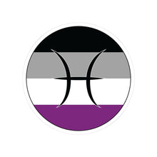 Circular asexual pride flag zodiac sticker with a thin black outline and white sticker border, featuring a centered black Pisces zodiac glyph. The sticker is shown on a white background.