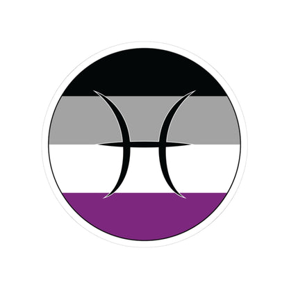 Circular asexual pride flag zodiac sticker with a thin black outline and white sticker border, featuring a centered black Pisces zodiac glyph. The sticker is shown on a white background.