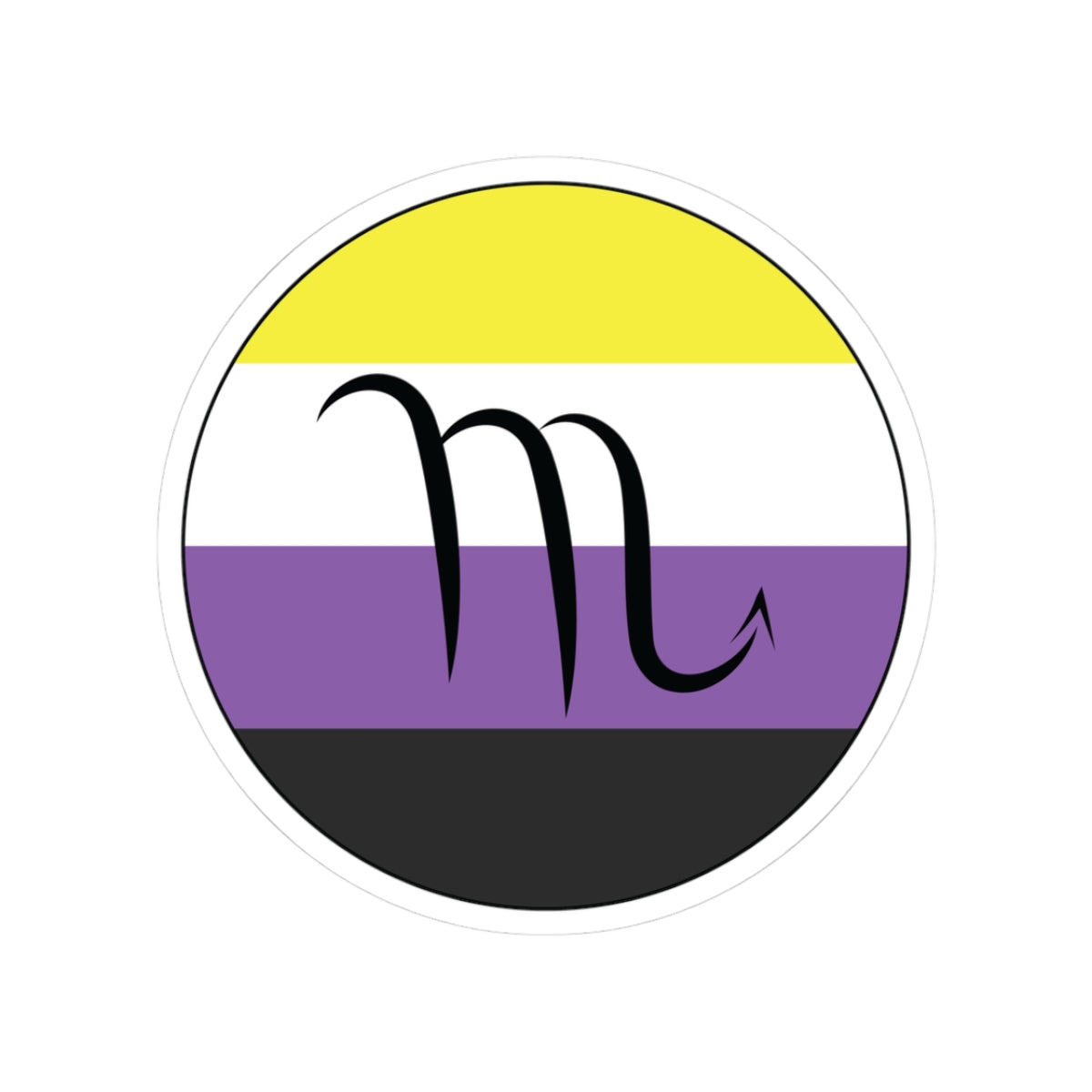 Circular nonbinary pride flag zodiac sticker with a thin black outline and white sticker border, featuring a centered black Scorpio zodiac glyph. The sticker is shown on a white background.