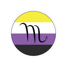 Circular nonbinary pride flag zodiac sticker with a thin black outline and white sticker border, featuring a centered black Scorpio zodiac glyph. The sticker is shown on a white background.