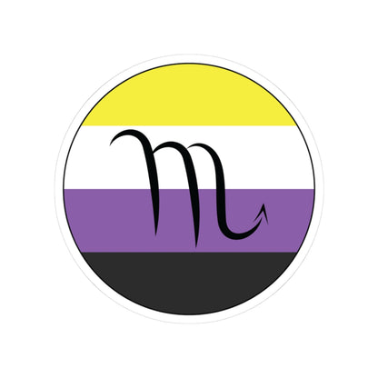 Circular nonbinary pride flag zodiac sticker with a thin black outline and white sticker border, featuring a centered black Scorpio zodiac glyph. The sticker is shown on a white background.