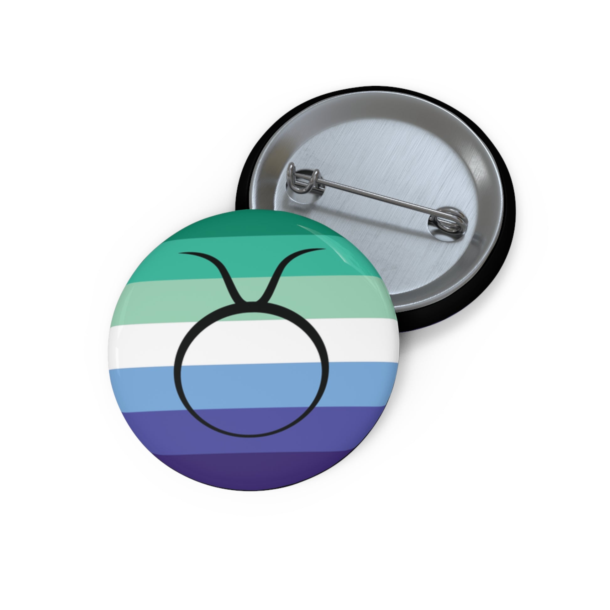 Front and back view of a circular gay men pride flag button featuring the Taurus zodiac symbol in black centered on the front.