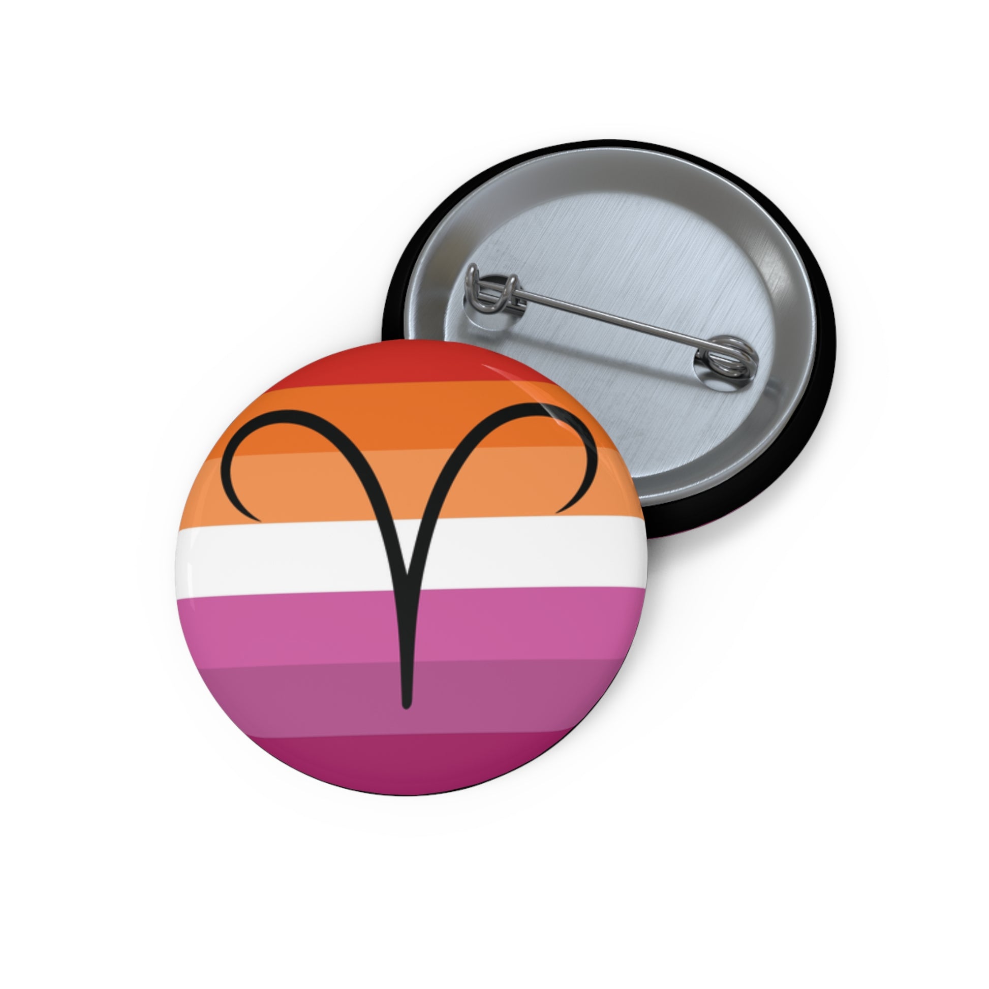 Front and back view of a circular lesbian pride flag button featuring the Aries zodiac symbol in black centered on the front.
