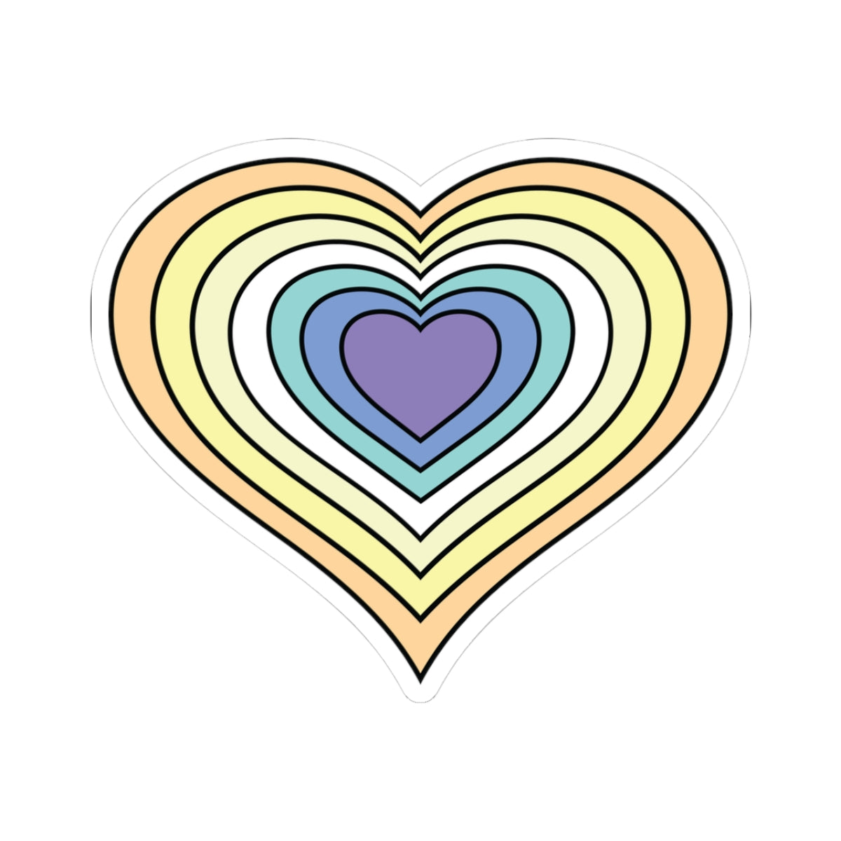Heart-shaped genderfaun pride flag sticker featuring nested heart stripes in dark orange, orange, light orange, white, light green, blue, and dark blue, outlined with a thin black border and a white sticker border. The sticker is shown on a white background.