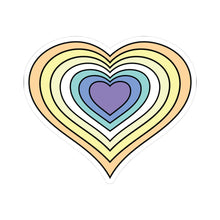 Heart-shaped genderfaun pride flag sticker featuring nested heart stripes in dark orange, orange, light orange, white, light green, blue, and dark blue, outlined with a thin black border and a white sticker border. The sticker is shown on a white background.