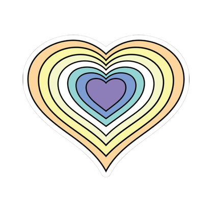 Heart-shaped genderfaun pride flag sticker featuring nested heart stripes in dark orange, orange, light orange, white, light green, blue, and dark blue, outlined with a thin black border and a white sticker border. The sticker is shown on a white background.