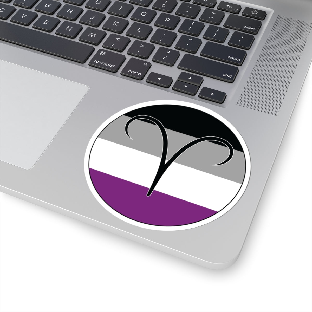 Close-up of the bottom right corner of a silver laptop featuring a 4 inch by 4 inch circular zodiac sticker with a centered Aires glyph on an Asexual pride flag style background applied to the surface.