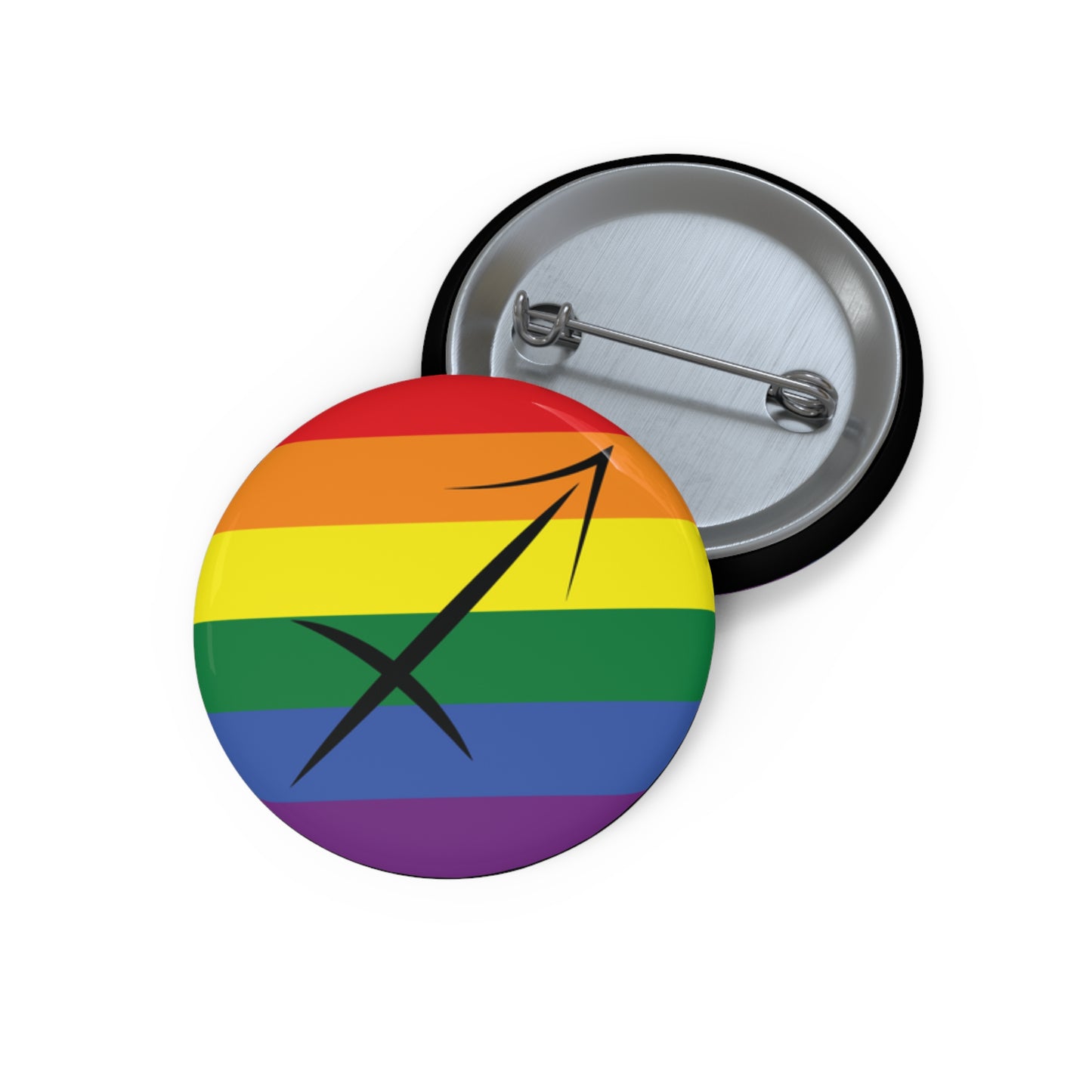 Front and back view of a circular rainbow pride flag button featuring the Sagittarius zodiac symbol in black centered on the front.