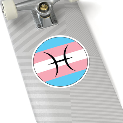 Close-up of the bottom of a silver skateboard featuring a 6 inch by 6 inch circular zodiac sticker with a centered Pisces glyph on a Transgender pride flag style background applied to the surface.