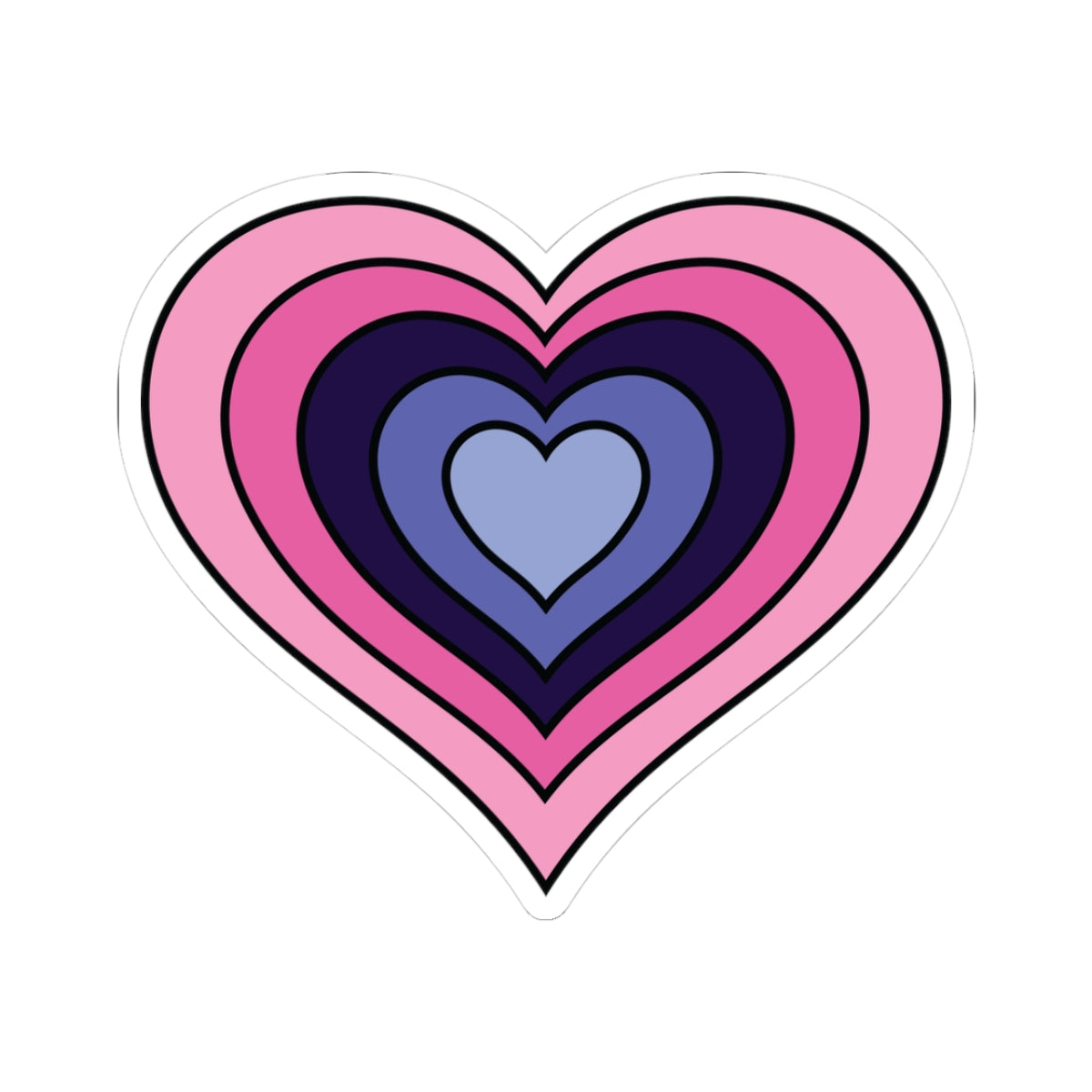 Heart-shaped omnisexual pride flag sticker featuring nested heart stripes in light pink, pink, navy, blue, and light blue, outlined with a thin black border and a white sticker border. The sticker is shown on a white background.