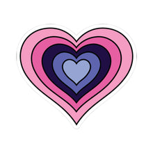 Heart-shaped omnisexual pride flag sticker featuring nested heart stripes in light pink, pink, navy, blue, and light blue, outlined with a thin black border and a white sticker border. The sticker is shown on a white background.