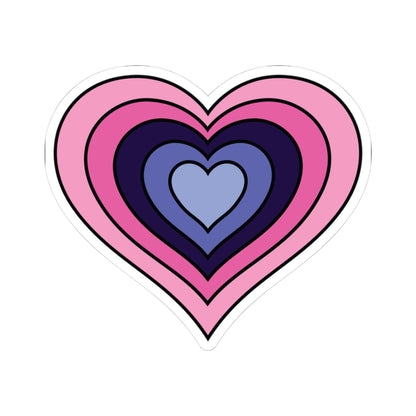 Heart-shaped omnisexual pride flag sticker featuring nested heart stripes in light pink, pink, navy, blue, and light blue, outlined with a thin black border and a white sticker border. The sticker is shown on a white background.