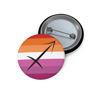 Front and back view of a circular lesbian pride flag button featuring the Sagittarius zodiac symbol in black centered on the front.