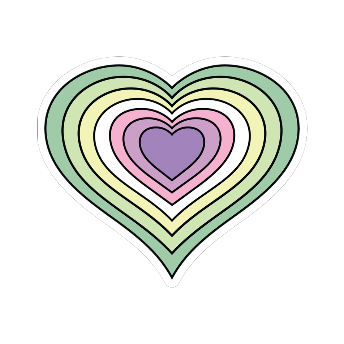 Heart-shaped genderfae pride flag sticker featuring nested heart stripes in 3 shades of green, a cream color, two shades of pink and lavender outlined with a thin black border and a white sticker border. The sticker is shown on a white background.