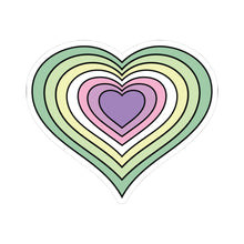Heart-shaped genderfae pride flag sticker featuring nested heart stripes in 3 shades of green, a cream color, two shades of pink and lavender outlined with a thin black border and a white sticker border. The sticker is shown on a white background.