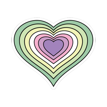 Heart-shaped genderfae pride flag sticker featuring nested heart stripes in 3 shades of green, a cream color, two shades of pink and lavender outlined with a thin black border and a white sticker border. The sticker is shown on a white background.