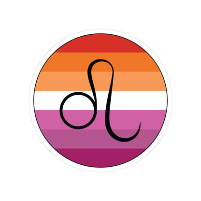 Circular lesbian pride flag zodiac sticker with a thin black outline and white sticker border, featuring a centered black Leo zodiac glyph. The sticker is shown on a white background.