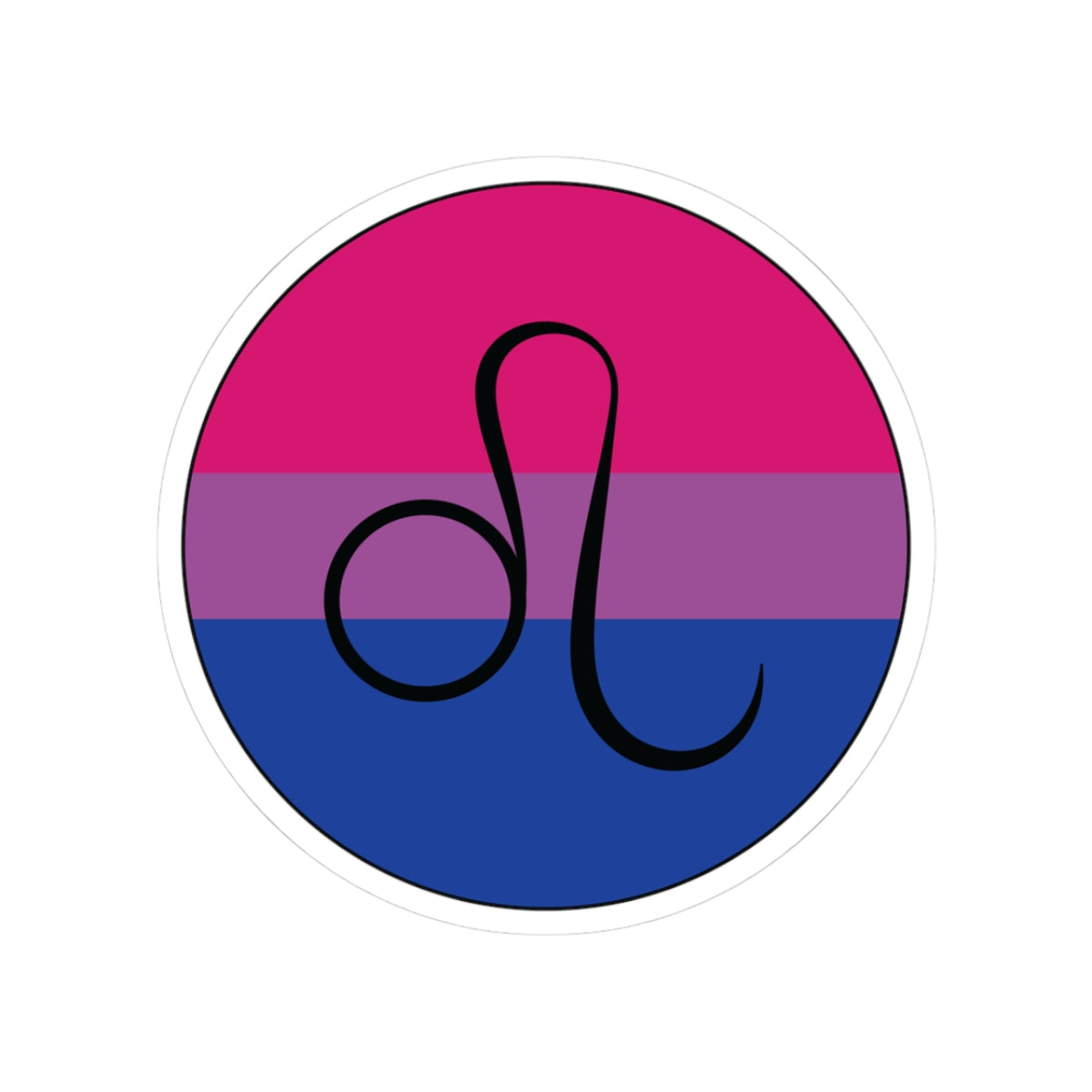 Circular bisexual pride flag zodiac sticker with a thin black outline and white sticker border, featuring a centered black Leo zodiac glyph. The sticker is shown on a white background.