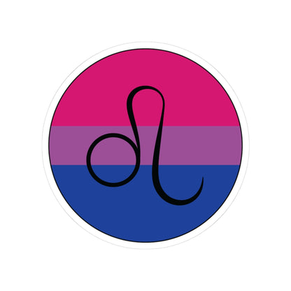 Circular bisexual pride flag zodiac sticker with a thin black outline and white sticker border, featuring a centered black Leo zodiac glyph. The sticker is shown on a white background.