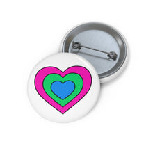 Front and back view of a white circular button with a heart-shaped polysexual flag image. The button is shown on a white background.