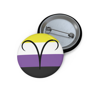 Front and back view of a circular nonbinary pride flag button featuring the Aries zodiac symbol in black centered on the front.
