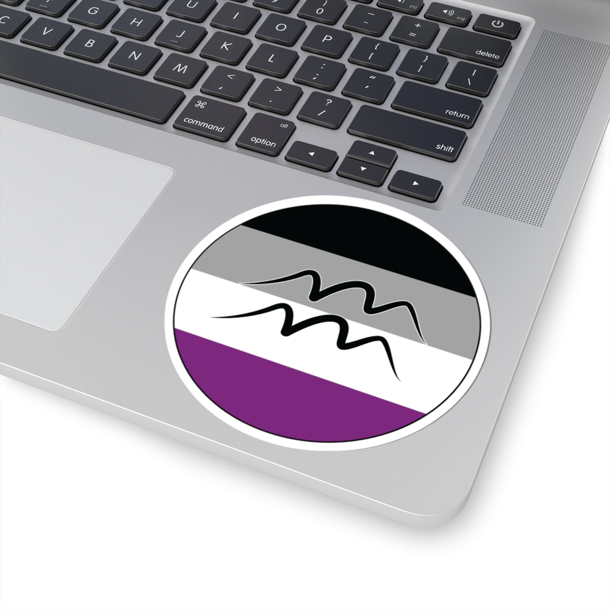 Close-up of the bottom right corner of a silver laptop featuring a 4 inch by 4 inch circular zodiac sticker with a centered Aquarius glyph on an Asexual pride flag style background applied to the surface.