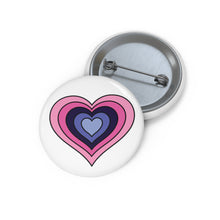 Front and back view of a white circular button with a heart-shaped omnisexual flag image. The button is shown on a white background.