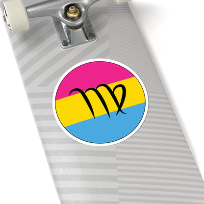 Close-up of the bottom of a silver skateboard featuring a 6 inch by 6 inch circular zodiac sticker with a centered Virgo glyph on a Pansexual pride flag style background applied to the surface.