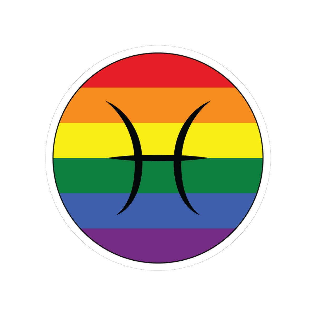 Circular rainbow pride flag zodiac sticker with a thin black outline and white sticker border, featuring a centered black Pisces zodiac glyph. The sticker is shown on a white background.