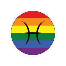 Circular rainbow pride flag zodiac sticker with a thin black outline and white sticker border, featuring a centered black Pisces zodiac glyph. The sticker is shown on a white background.