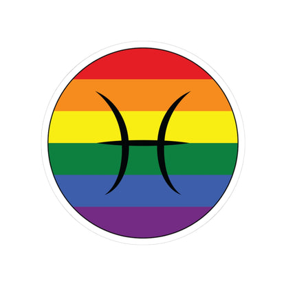 Circular rainbow pride flag zodiac sticker with a thin black outline and white sticker border, featuring a centered black Pisces zodiac glyph. The sticker is shown on a white background.
