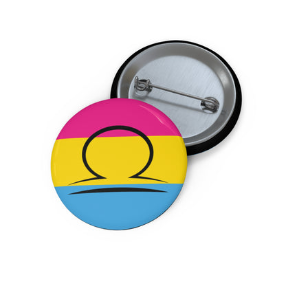 Front and back view of a circular pansexual pride flag button featuring the Libra zodiac symbol in black centered on the front.