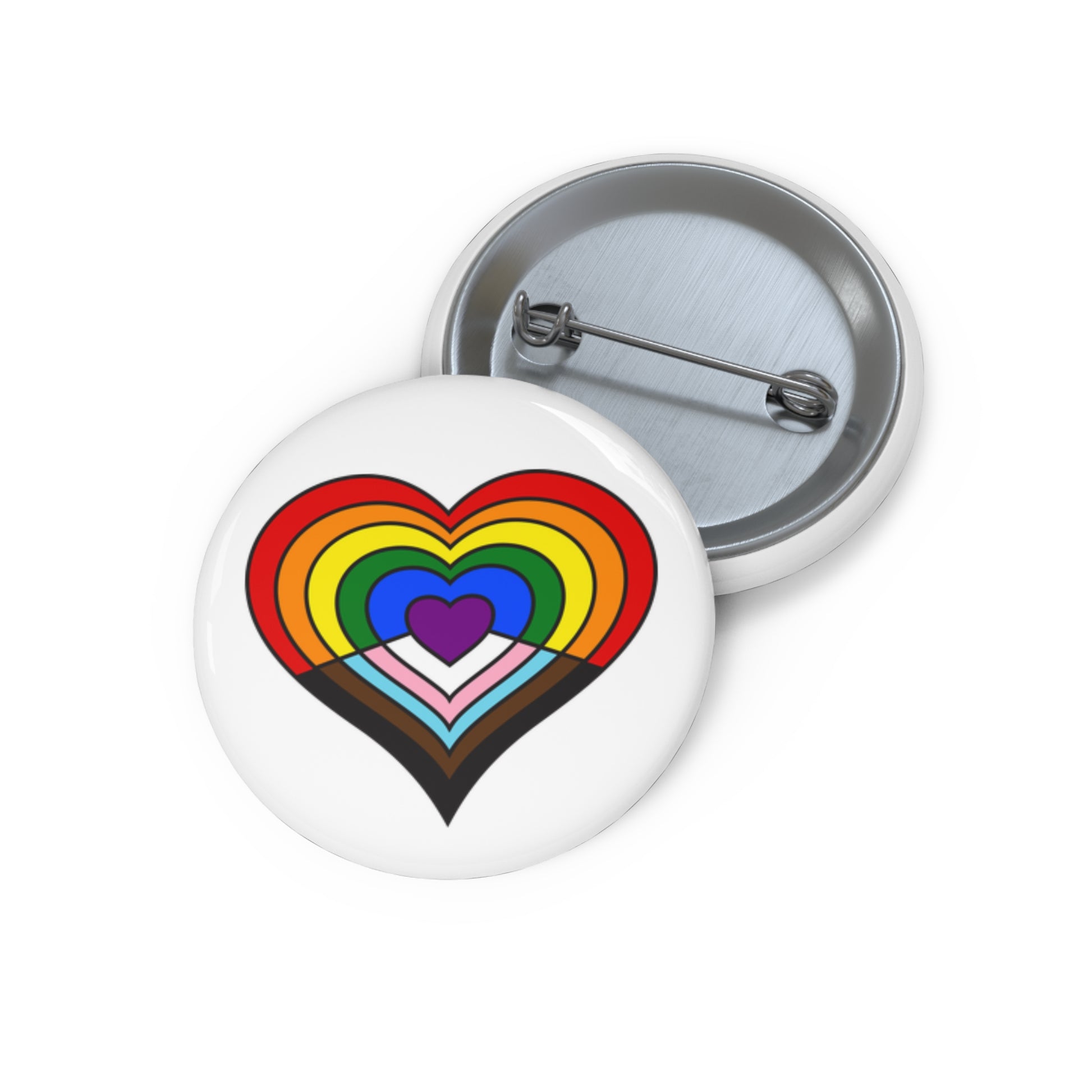Front and back view of a white circular button with a heart-shaped progress flag inspired image. The button is shown on a white background.