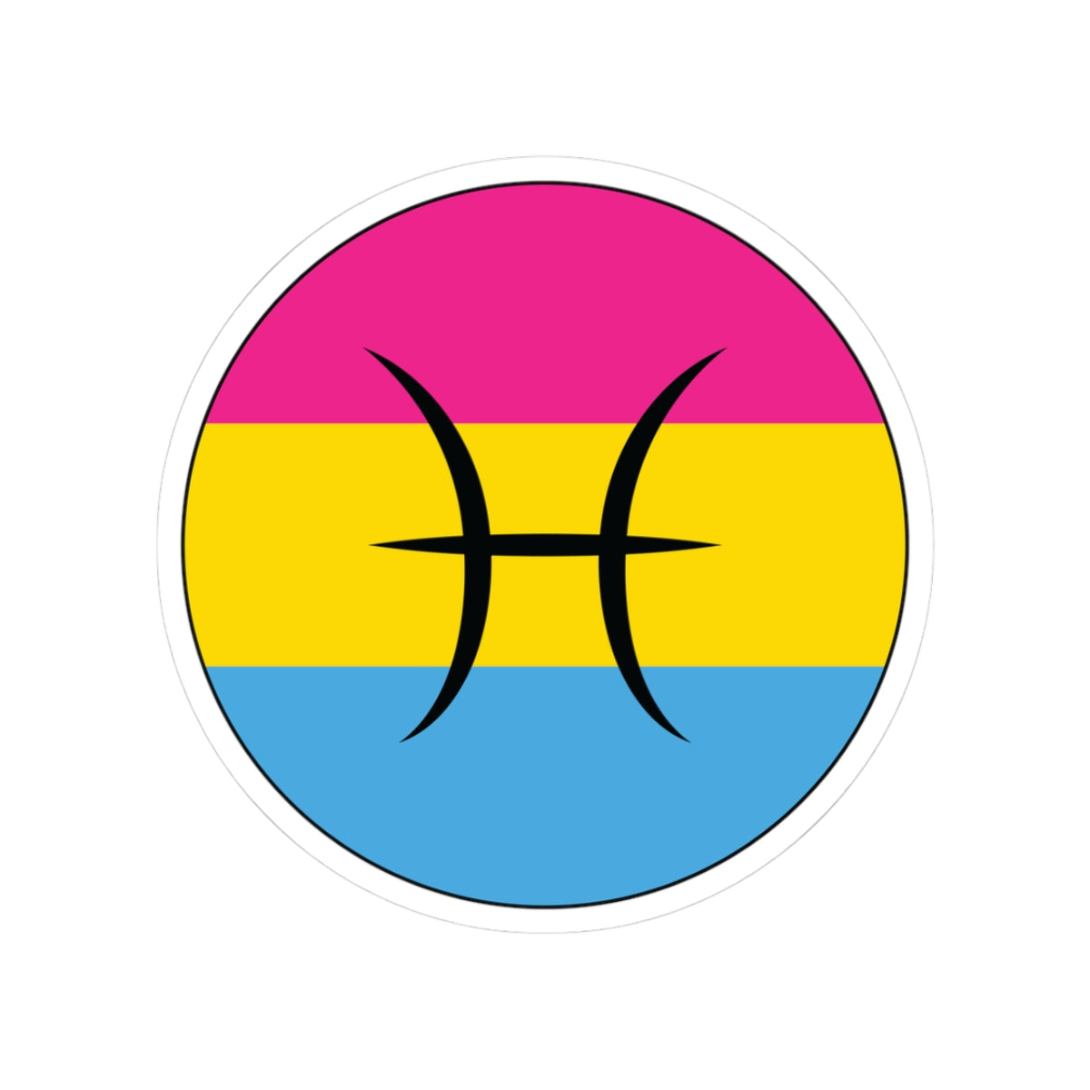 Circular pansexual pride flag zodiac sticker with a thin black outline and white sticker border, featuring a centered black Pisces zodiac glyph. The sticker is shown on a white background.
