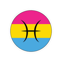 Circular pansexual pride flag zodiac sticker with a thin black outline and white sticker border, featuring a centered black Pisces zodiac glyph. The sticker is shown on a white background.