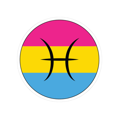 Circular pansexual pride flag zodiac sticker with a thin black outline and white sticker border, featuring a centered black Pisces zodiac glyph. The sticker is shown on a white background.