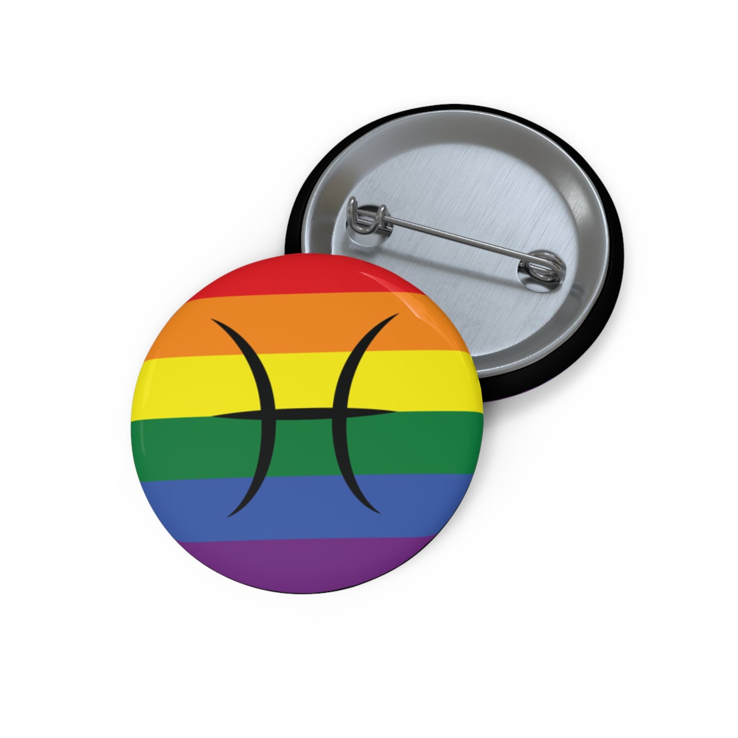 Front and back view of a circular rainbow pride flag button featuring the Pisces zodiac symbol in black centered on the front.