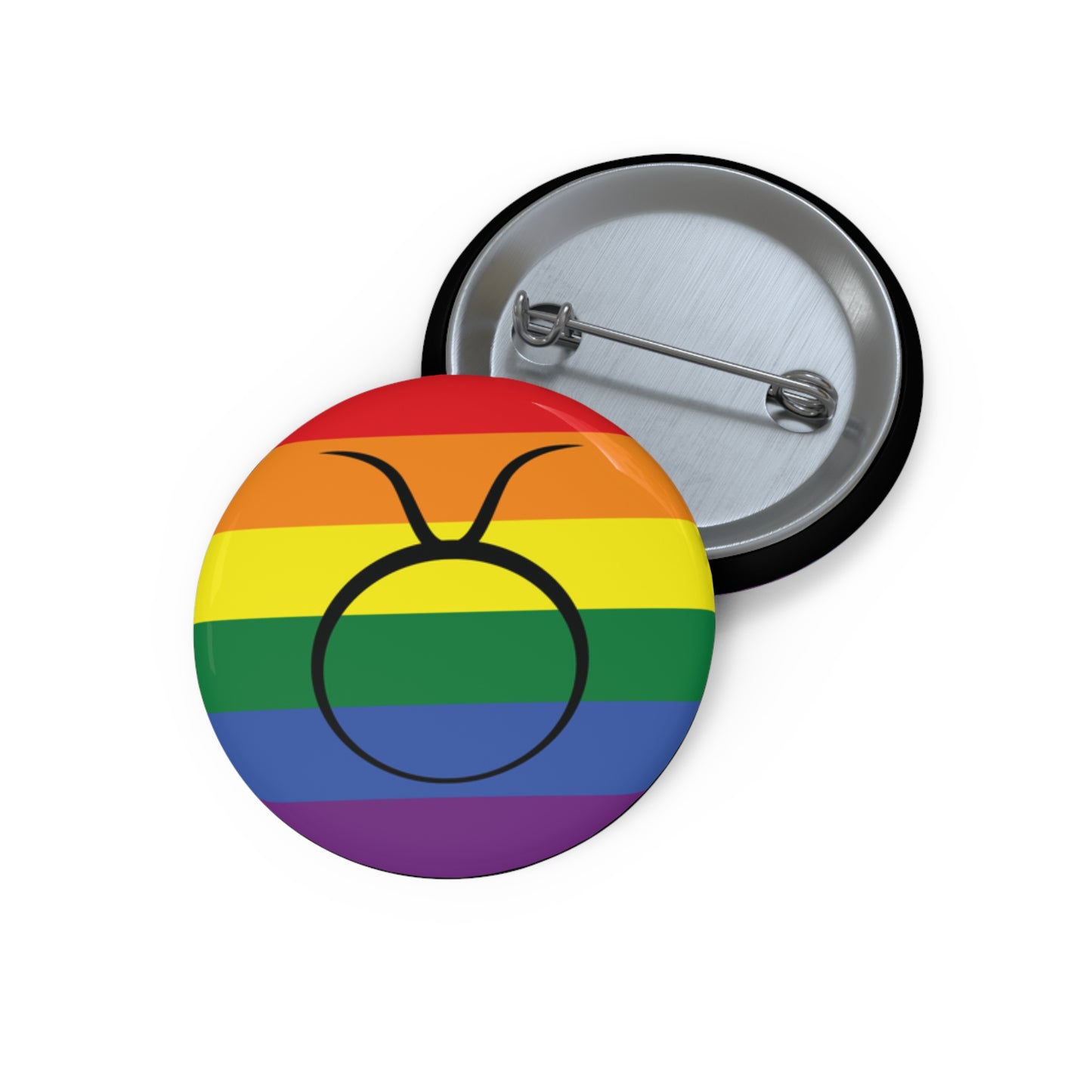 Front and back view of a circular transgender pride flag button featuring the Taurus zodiac symbol in black centered on the front.