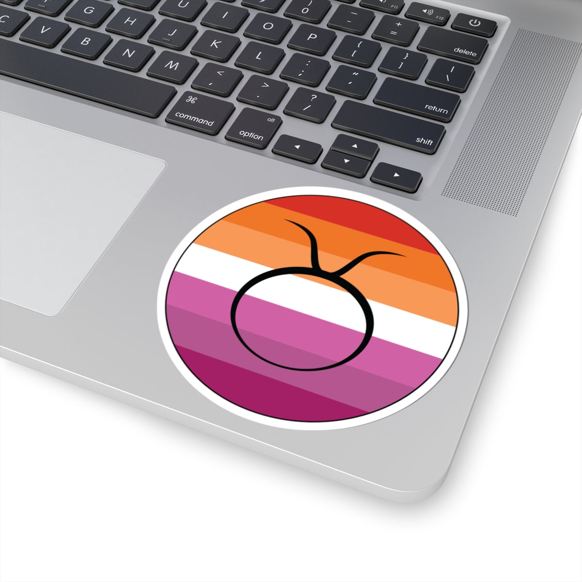 Close-up of the bottom right corner of a silver laptop featuring a 4 inch by 4 inch circular zodiac sticker with a centered Taurus glyph on a Lesbian pride flag style background applied to the surface.