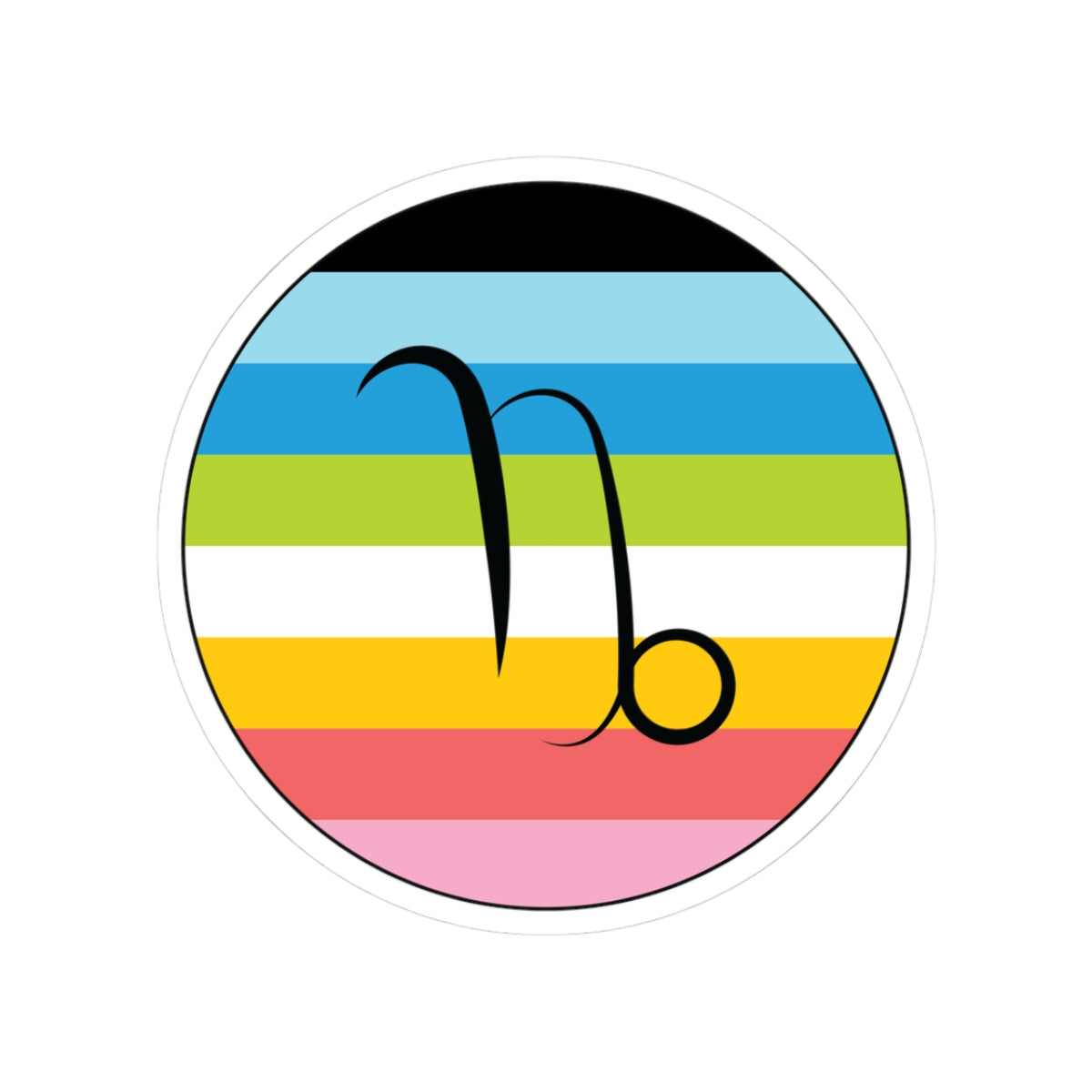 Circular queer pride flag zodiac sticker with a thin black outline and white sticker border, featuring a centered black Capricorn zodiac glyph. The sticker is shown on a white background.