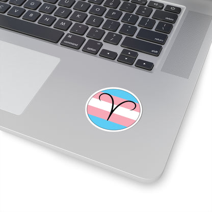 Close-up of the bottom right corner of a silver laptop featuring a 2 inch by 2 inch circular zodiac sticker with a centered Aires glyph on a Transgender pride flag style background applied to the surface.