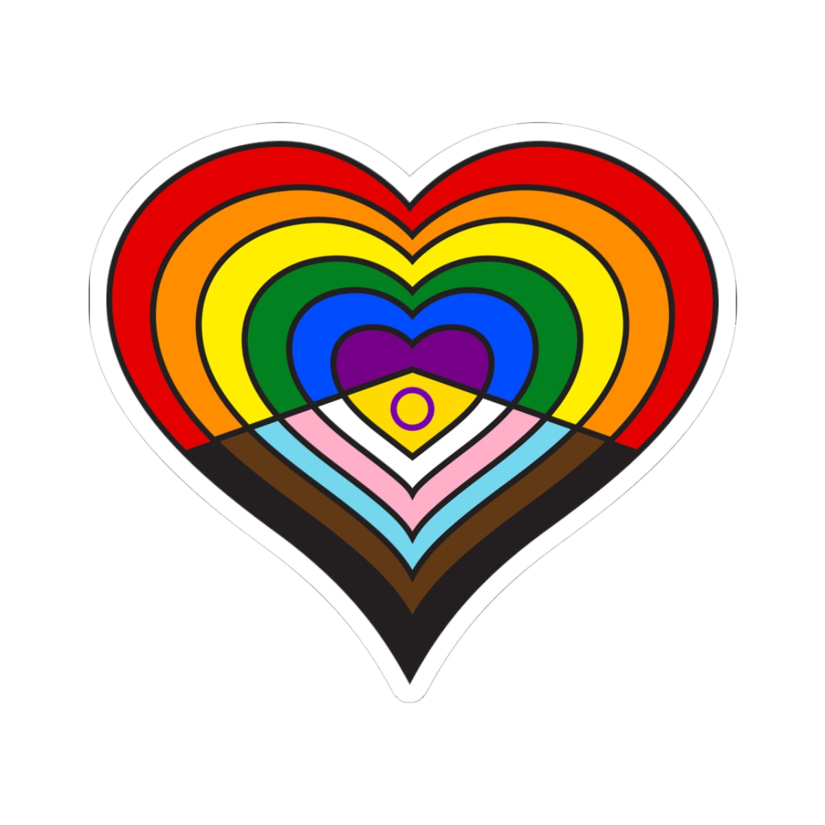 Heart-shaped intersex-inclusive progress pride flag sticker featuring nested heart stripes in black, brown, light blue, pink, white, yellow with a purple circle, red, orange, yellow, green, blue and purple, outlined with a thin black border and a white sticker border. The sticker is shown on a white background.