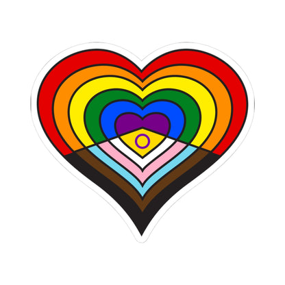 Heart-shaped intersex-inclusive progress pride flag sticker featuring nested heart stripes in black, brown, light blue, pink, white, yellow with a purple circle, red, orange, yellow, green, blue and purple, outlined with a thin black border and a white sticker border. The sticker is shown on a white background.