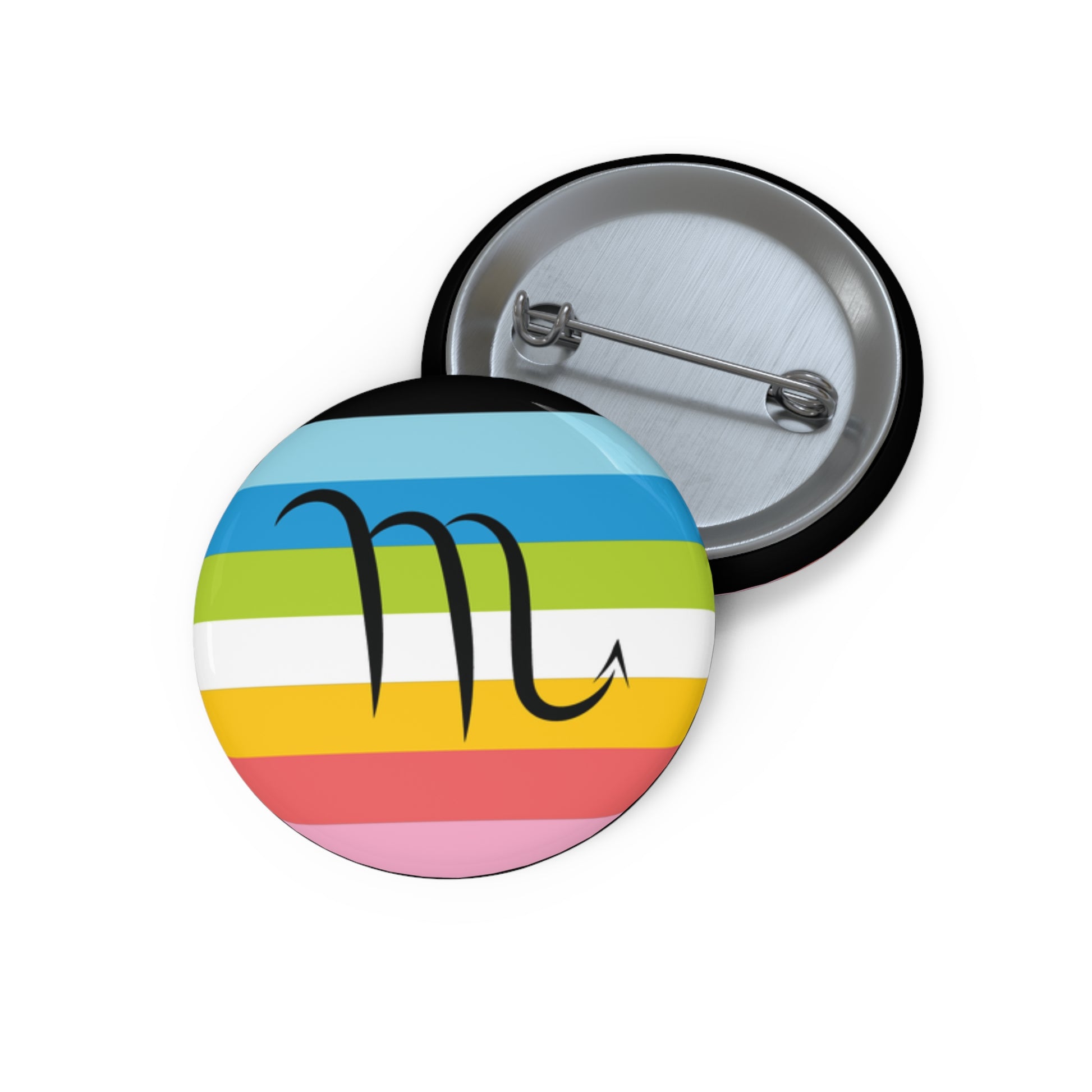 Front and back view of a circular queer pride flag button featuring the Scorpio zodiac symbol in black centered on the front.