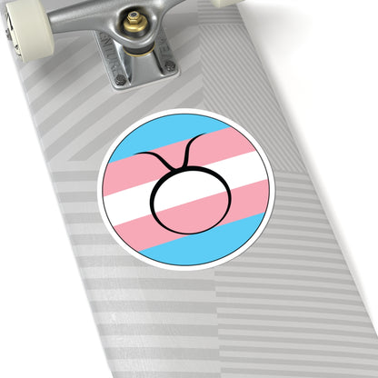Close-up of the bottom of a silver skateboard featuring a 6 inch by 6 inch circular zodiac sticker with a centered Taurus glyph on a Transgender pride flag style background applied to the surface.
