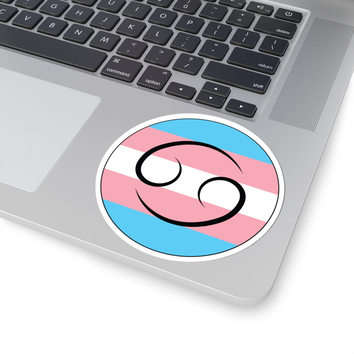 Close-up of the bottom right corner of a silver laptop featuring a 4 inch by 4 inch circular zodiac sticker with a centered Cancer glyph on a Transgender pride flag style background applied to the surface.