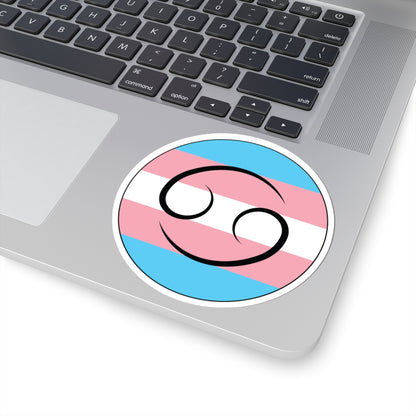 Close-up of the bottom right corner of a silver laptop featuring a 4 inch by 4 inch circular zodiac sticker with a centered Cancer glyph on a Transgender pride flag style background applied to the surface.