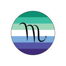 Circular gay men pride flag zodiac sticker with a thin black outline and white sticker border, featuring a centered black Scorpio zodiac glyph. The sticker is shown on a white background.