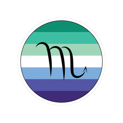 Circular gay men pride flag zodiac sticker with a thin black outline and white sticker border, featuring a centered black Scorpio zodiac glyph. The sticker is shown on a white background.