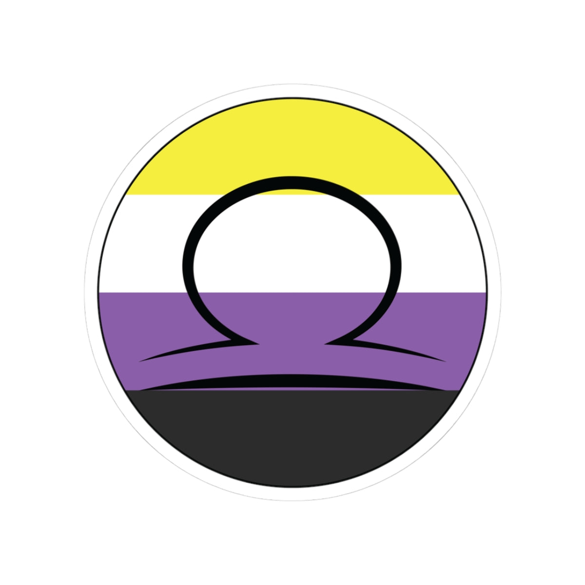 Circular nonbinary pride flag zodiac sticker with a thin black outline and white sticker border, featuring a centered black Libra zodiac glyph. The sticker is shown on a white background.